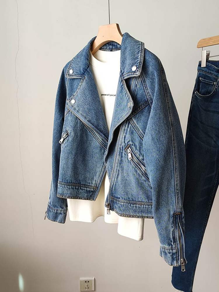 Women's Jackets FTLZZ Spring Autumn Women Casual Moto Biker Denim Jacket Lady Vintage Loose Lapel Zipper Solid Color Short Cowboy Coat 23092
