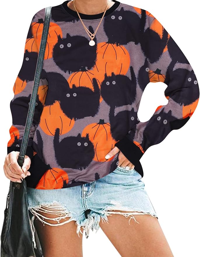 Women Halloween Sweatshirt Pumpkin Cat Long Sleeve Funny Doddle Graphic Printed Pullover Dress Fall Shirt Tops Halloween Shirts for Women
