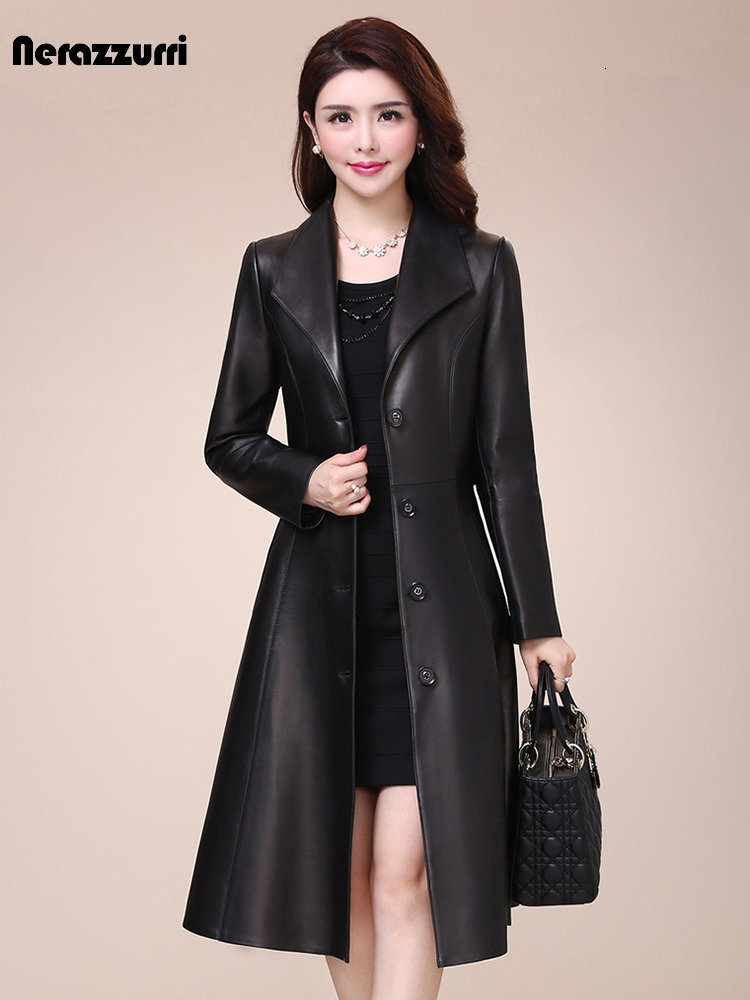 Women's Leather Faux Leather Nerazzurri Spring autumn long black soft faux leather coat women long sleeve buttons slim fit Elegant leather jack