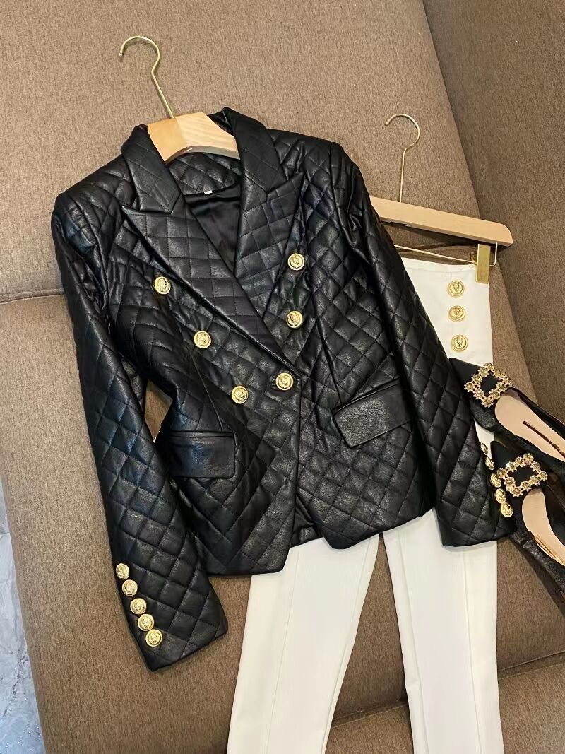 Blazers de créateurs pour femmes Tide Brand Quality Retro Fashion Designer Veste de costume en cuir à double boutonnage Slim Plus Size Vêtements
