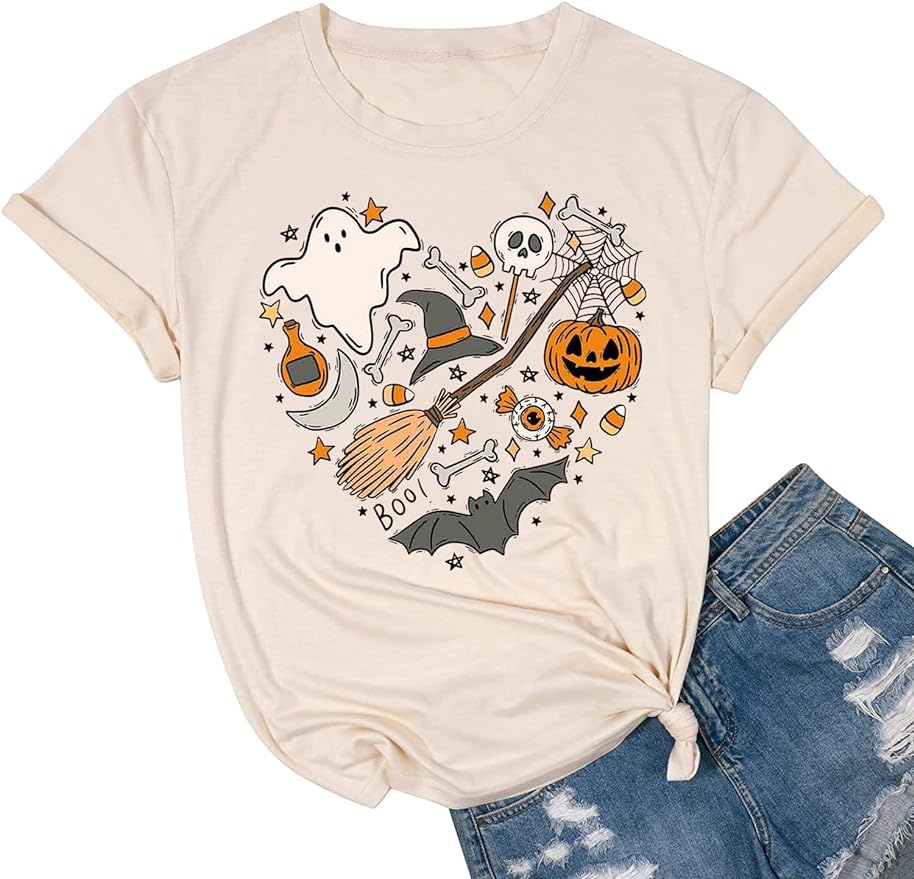 Halloween Doodles Shirt for Women Cute Vintage Graphic Halloween Party Tshirt Short Sleeve Fall Season Tees Halloween Shirts for Women
