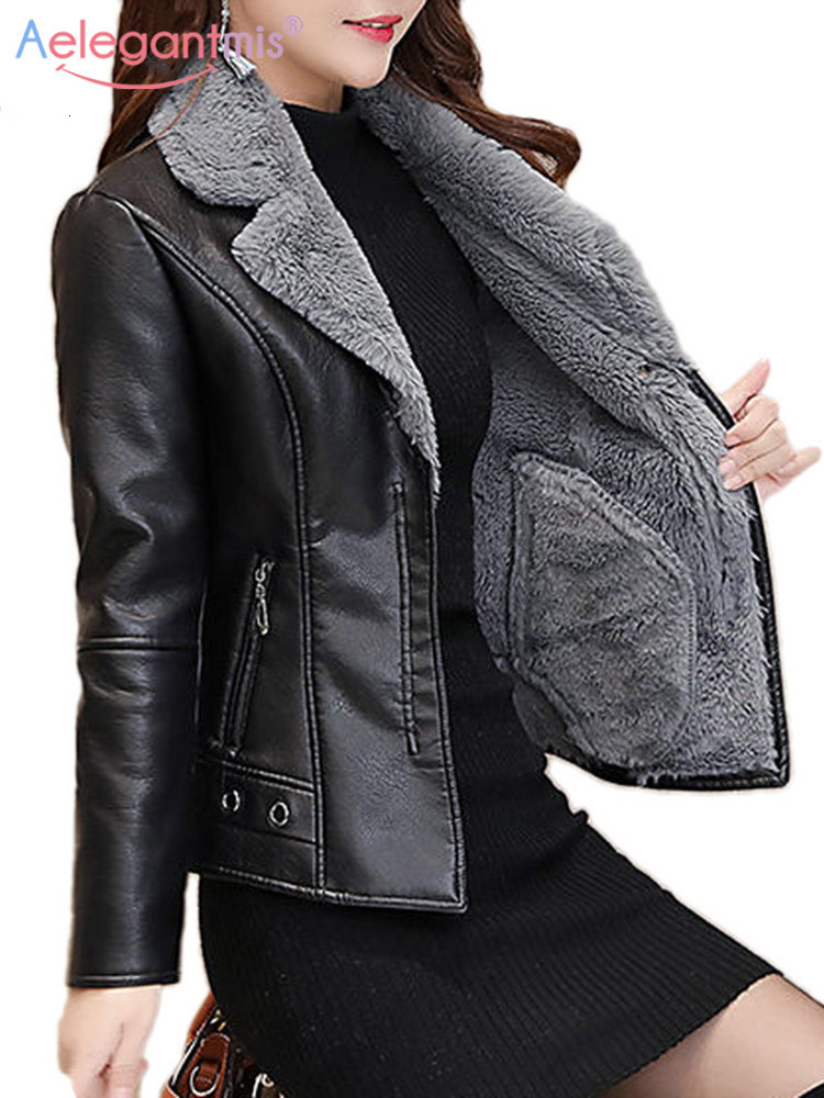 Women's Leather Faux Leather Aelegantmis Autumn Winter Warm Faux Fur Coat Women Leather Jacket Ladies Slim Moto Biker Basic Jackets Plush Casua