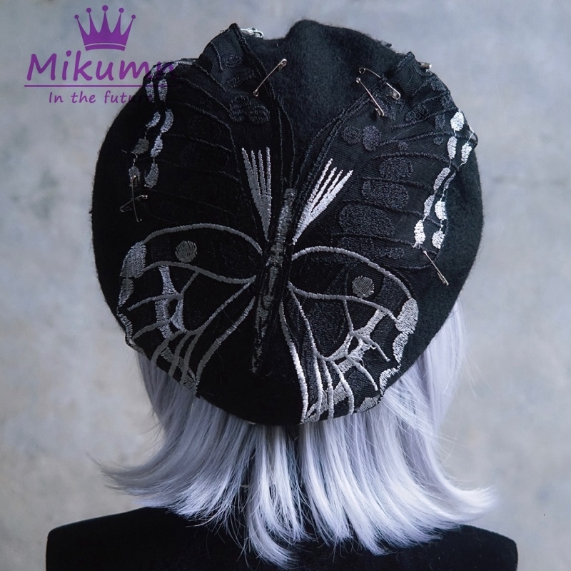 Berets Harajuku Gothic Vintage Butterfly Embroidery Women Wool Berets Hats Y2k Punk Black Autumn Winter Warm Beret Cap Streetwear 230925
