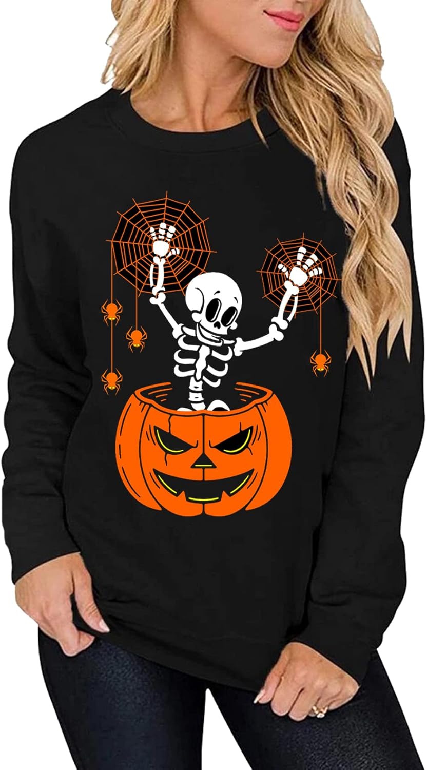 Women's Halloween Costume Pumpkin Skeleton T-Shirt Funny Long Sleeve Pullover Tops for Ladies