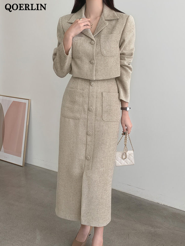 Robe en deux pièces Qoerlin Elegant 2 pièces ensembles de femmes tenues pour femmes jupe en tweed et costumes de blazer stylilsh manteau de veste