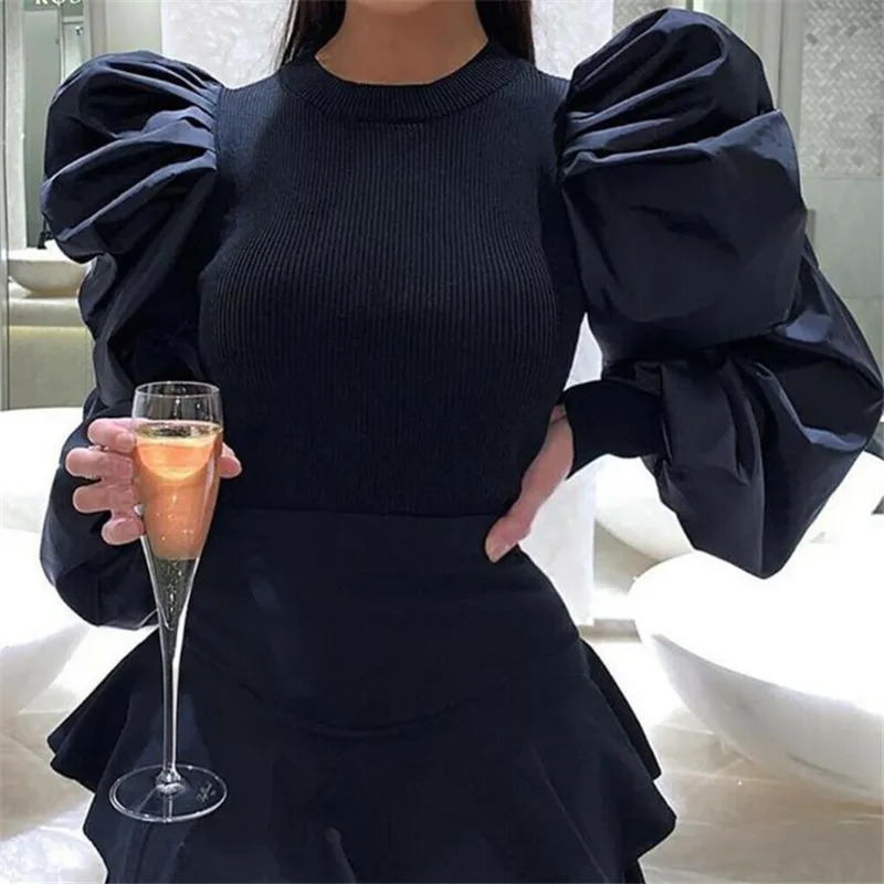 Womens Blouses Shirts Women Fashion Tops Slim Fit Casual Long Puff Sleeve Elegant Blouse Solid Korean Clothing Autumn 230927
