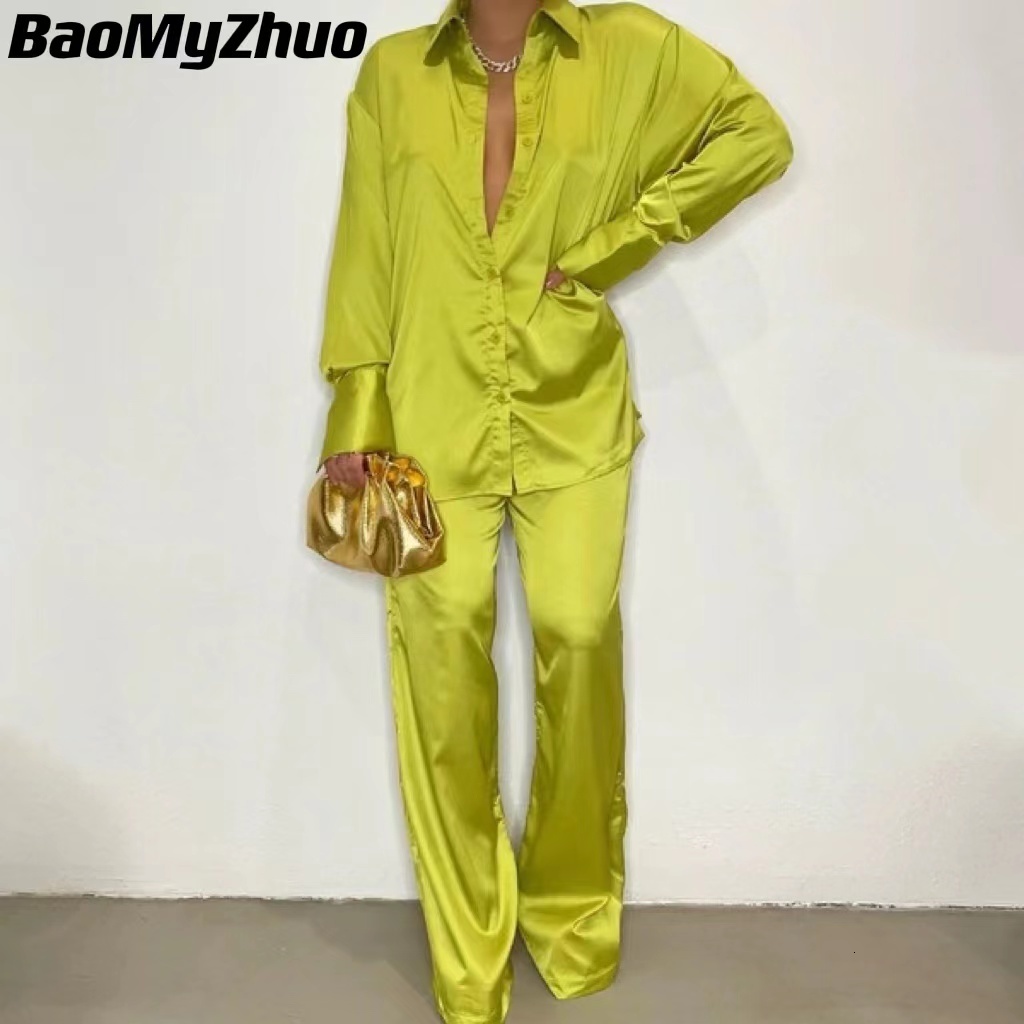 Women's Two Piece Pants Elegant Satin Women's Matching Sets Casual Long Sleeve Shirt Straight Pants Suit Female Loose Solid Tops Two Piece