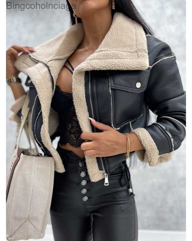 Women's Down Parkas Faux Leather Jackets Women PU Short Thick Warm Black Outwear Female Aviator Retro Lapel Velvet Coat New Year Winter TopsL23