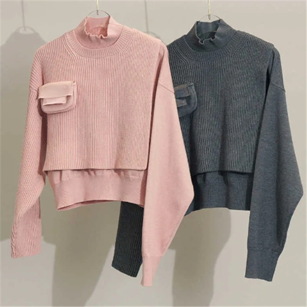 Chandails de marque pour femmes, début du printemps, tricot avec poche, deux pièces, col haut, rose, pull irrégulier pour femmes