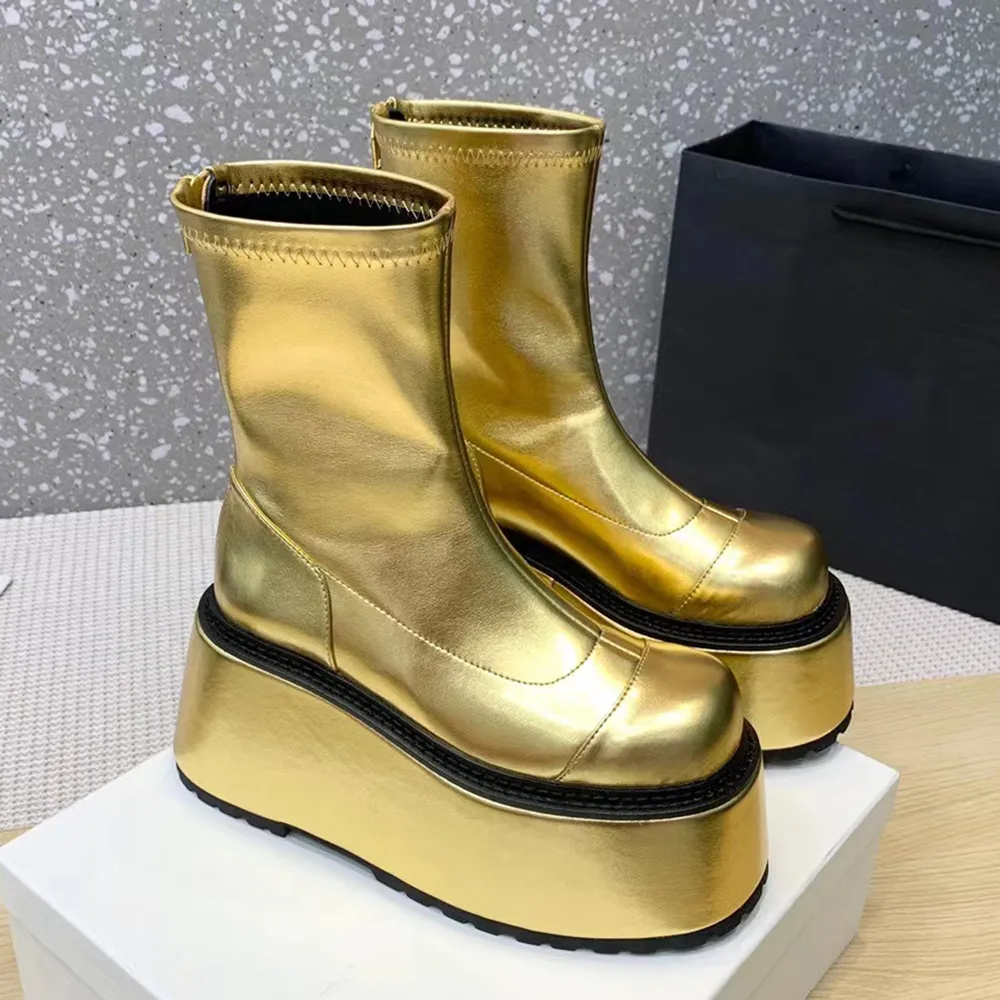 Top quality elastic leather Ankle Boots Rear zipper Round toe Platform thick soled booties women's party evening shoes Luxury designer flat