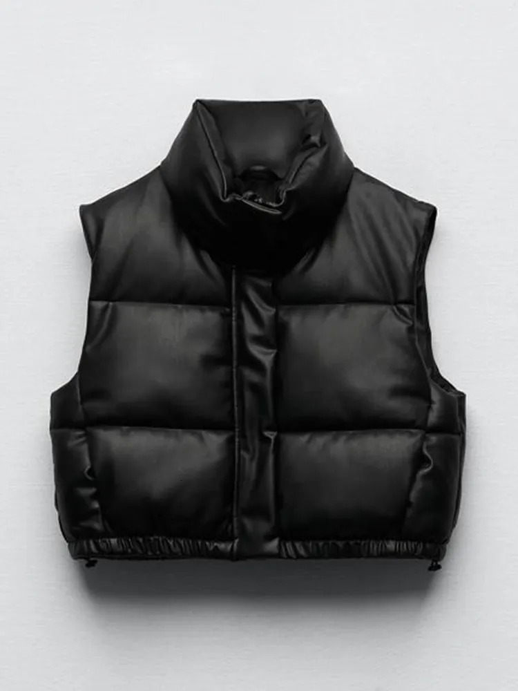Gilets pour femmes hiver veste en cuir PU gilet femmes noir col montant sans manches fermeture éclair Moto Biker automne gilet court dames 230927