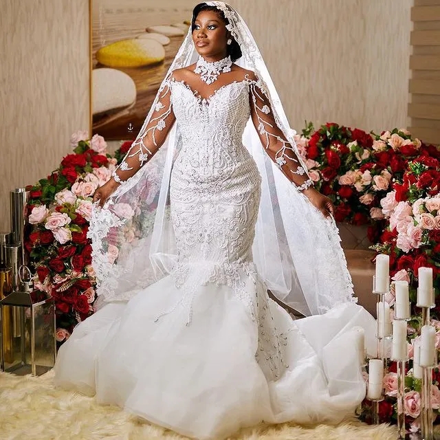 Arabe aso ebi ivoire robes de mariée sirène 2024 manches longues à col haut de taille plus en dente