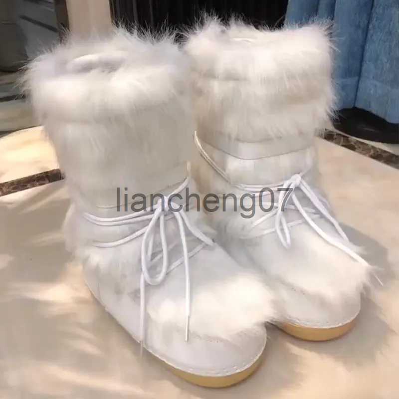 Bottes 2023 Bottes de fourrure d'hiver Boots de neige Femme Bottes de ski Fluffy Hairy Lace Up Mility Chalf Plator Plat avec bottes de coton blan