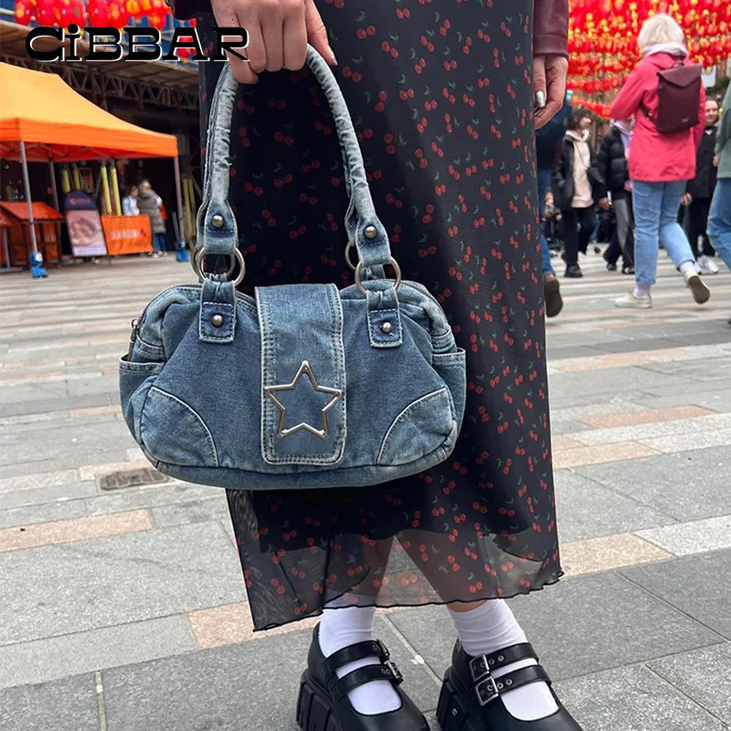 Evening Bags CIBBAR Distressed Fashion Handlebags y2k Star Single Shoulder Denim Bags for Women Vintage Retro Handbag Ladies Harajuku Casual 230927