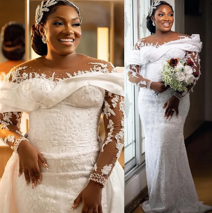 Arabe Aso Ebi Robes de mariée sirène 2024 Manches longues plus en dentelle en dentelle Bouches nuptiales Robe de mariage