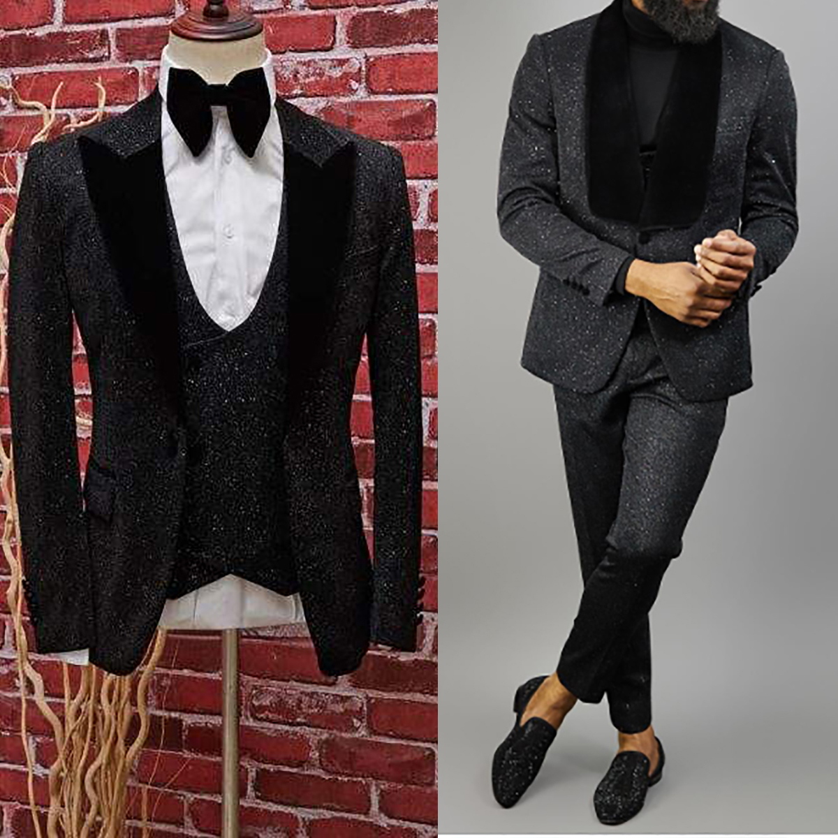 Black Sequins Men's Wedding Tuxedos 3 Pieces Peaked Lapel Pants Suits Casual Overcoat Formal Business Birthday Party Tailored