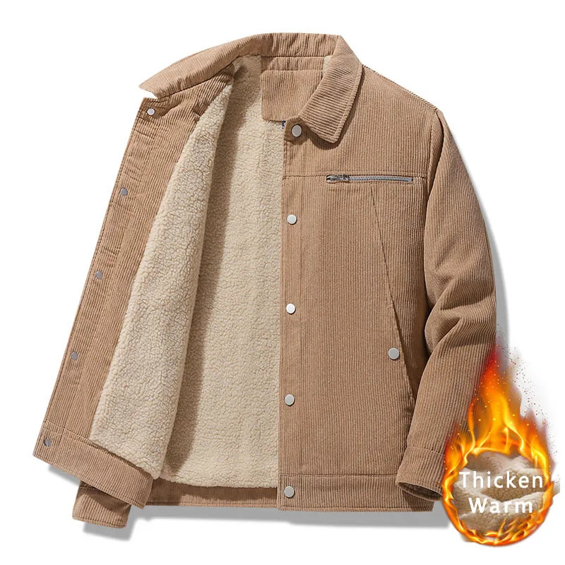 Mens Jackets Corduroy Fleece Jacket Men Winter Thick Warm Solid Color Coats Fashion Casual Loose Multipockets Lapel Parkas Male Big Size 5XL 230927