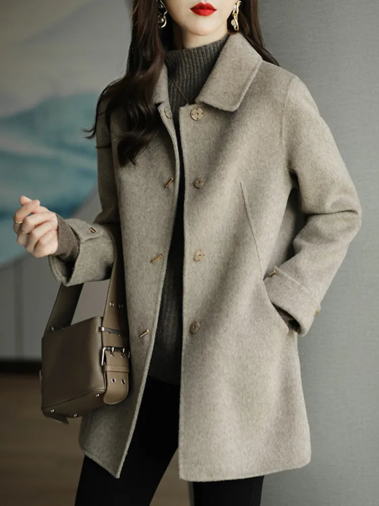 Womens Wool Blends Autumn Winter Woolen Coat Slim Fashion Office Lady Square Collar Single Breasted Coats Widewaisted Pocket 230927