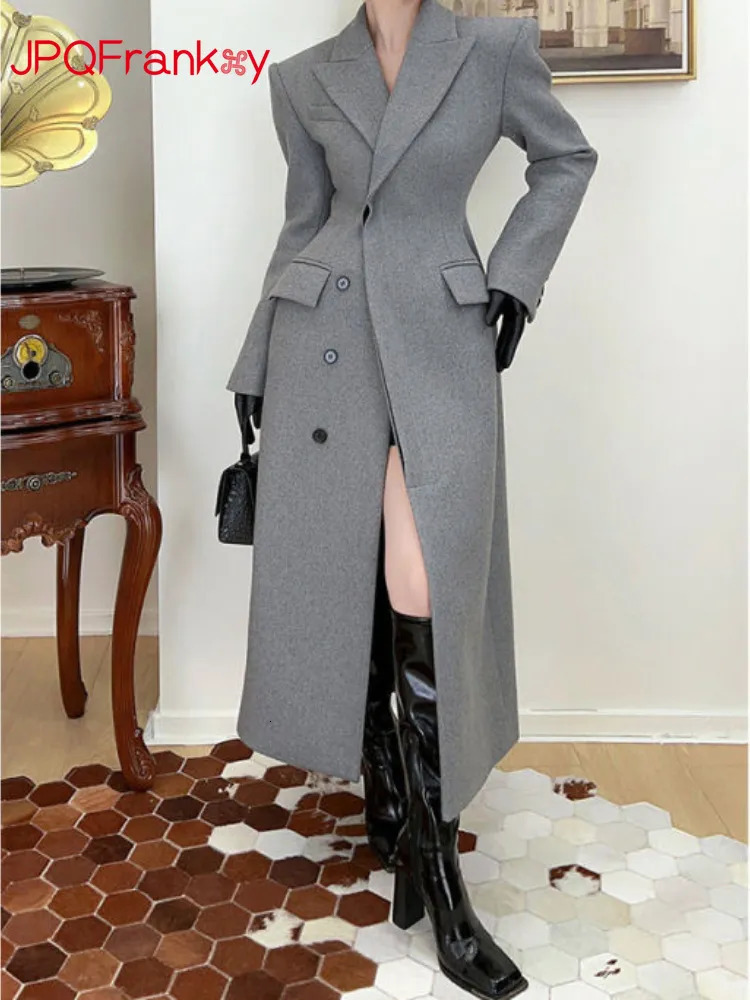 Women's Wool Blends Grey Woolen Coat Womens Winter French Style High Grade Long Woolen Coat Coats and Jackets Women Winter Women Coat Warm 2309