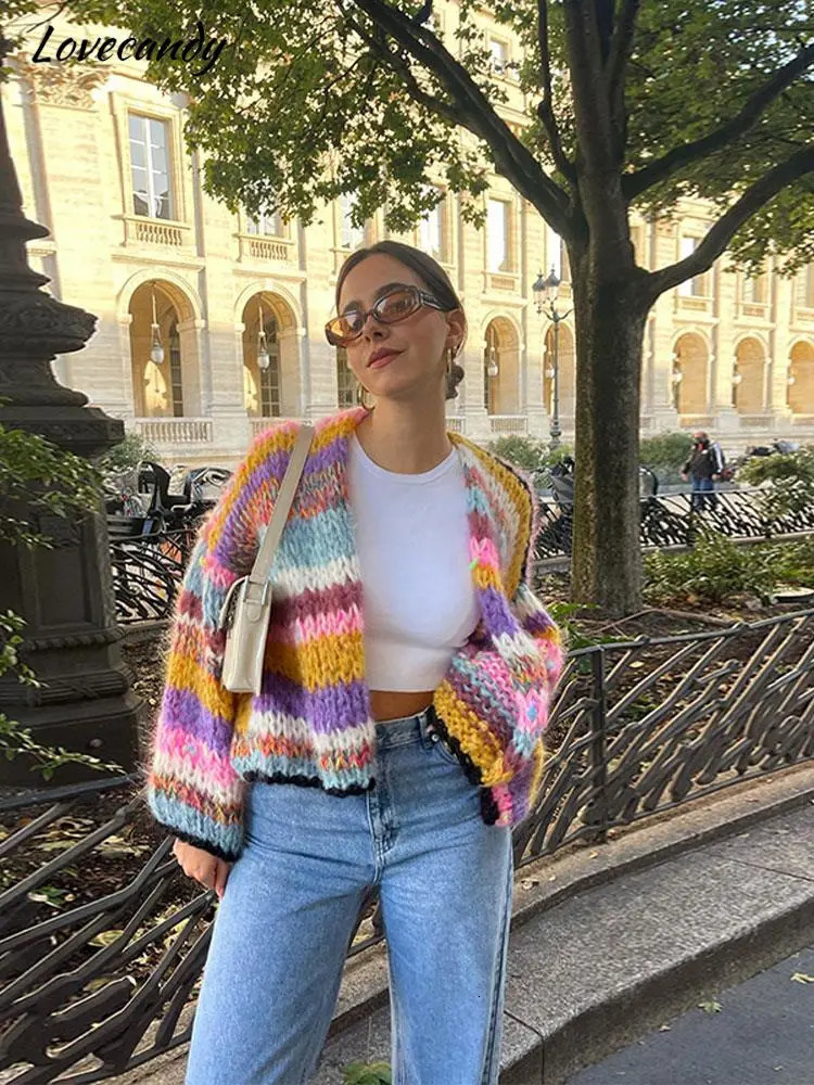 Women's Knits Tees Colorful Striped Crochet Knitted Sweaters Sweet Lantern Sleeve Loose Short Cardigans Women Autumn Fashion Streetwear Knitwea
