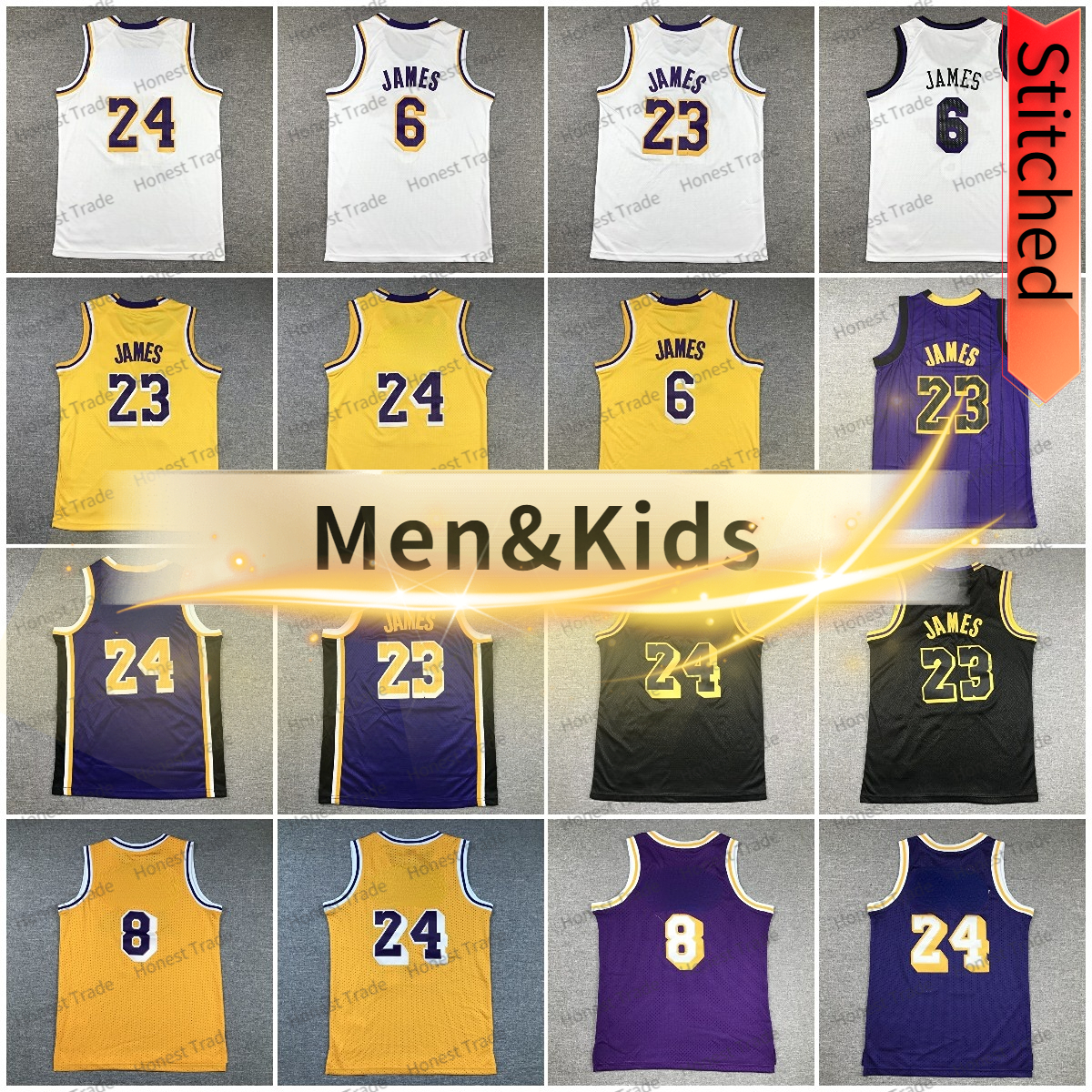 Maillot de basket-ball pour hommes, 23 James 6, jaune et blanc, 24 maillots cousus pour hommes