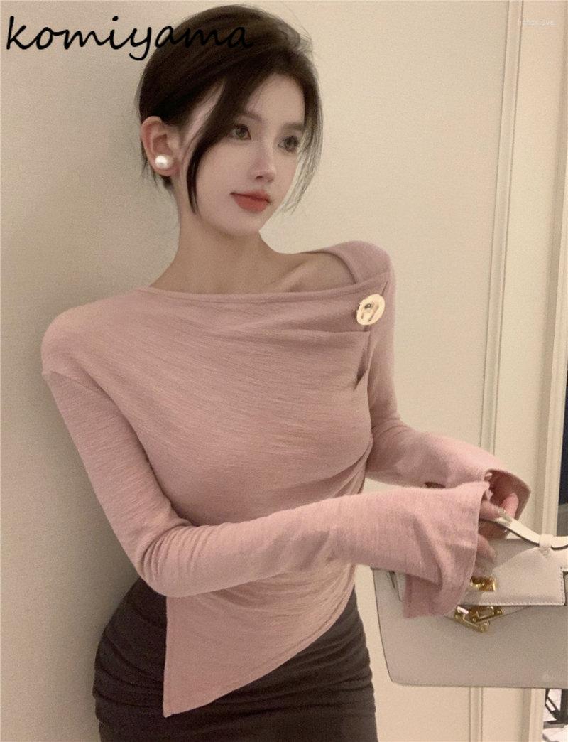 

Women's T Shirts Komiyama Feminino Sexy Clavicle Exposed T-shirts Irregular Pleated Y2k Clothes Spring Bottomed Tops Women Long Sleeve Tee, Apricot