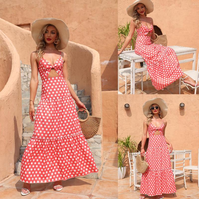 

Casual Dresses Summer Long Dress Polka Dot Orange Sexy V Neck Lace Up Strapless 2023 Sundress Vacation Clothes For Women