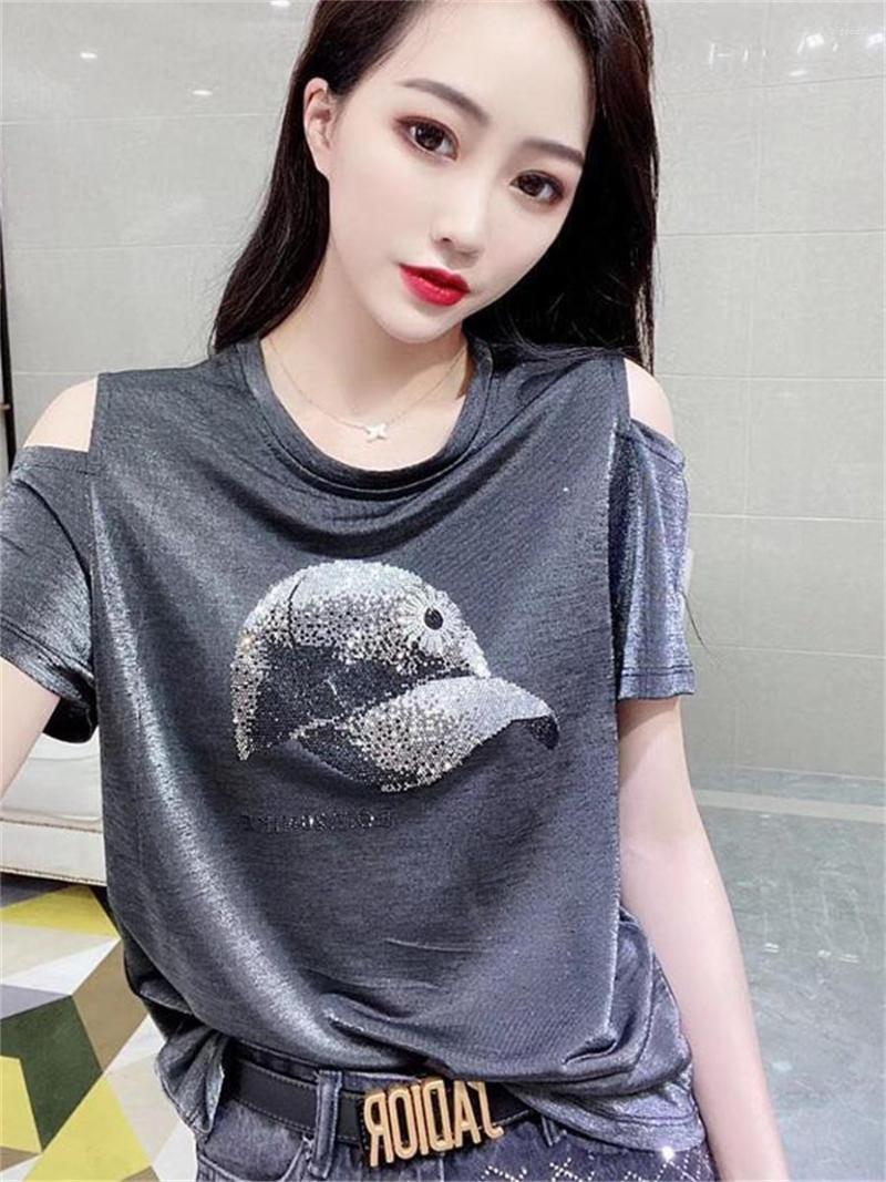 

Women' Blouses 4XL Women Spring Summer Shirts Lady Fashion Casual Short Sleeve O-Neck Collar Crystal Diamond Blusas Tops2170, Black