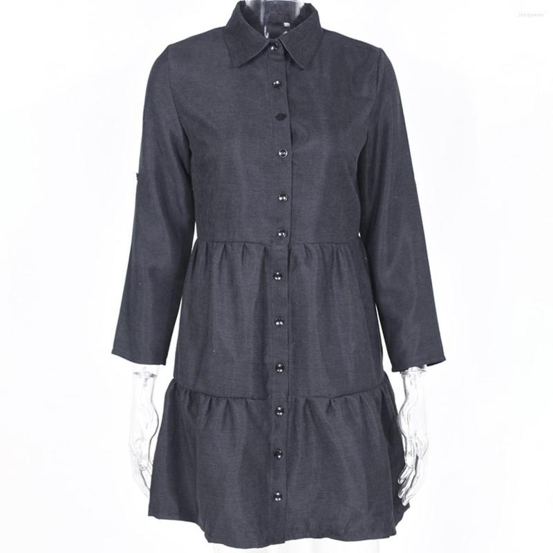 

Party Dresses BacklakeGirls Elegant Lapel Collar Long Sleeve Blouse Dress For Women Button Up Loose Pleated Plus Size Vestidos, Black
