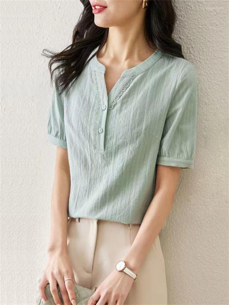 

Women' Blouses Woman Summer Style Cotton Tops Lady Casual Short Sleeve V-Neck Blusas ZZ1419, Green