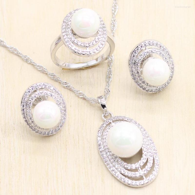 

Necklace Earrings Set 925 Silver Bridal Natural White Zircon With Pearls Beads For Women Wedding Pendant Ring, Picture shown