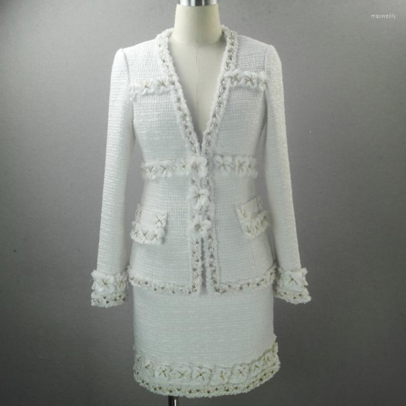 

Work Dresses Woolen Coat Elegant A-Line Skirt Suits Women Clothes Tassels Deep-V Neck Luxury 3D Flower Beading Tweed 2 Pieces Set Female, White