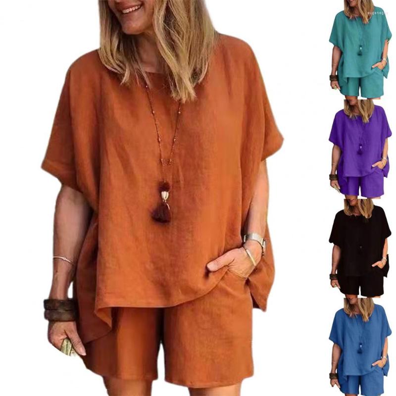 

Men' Casual Shirts 2pcs Shorts Set Women Summer Outfits Soft O Neck Pullover Top Two Piece Conjunto Femenin, Beige