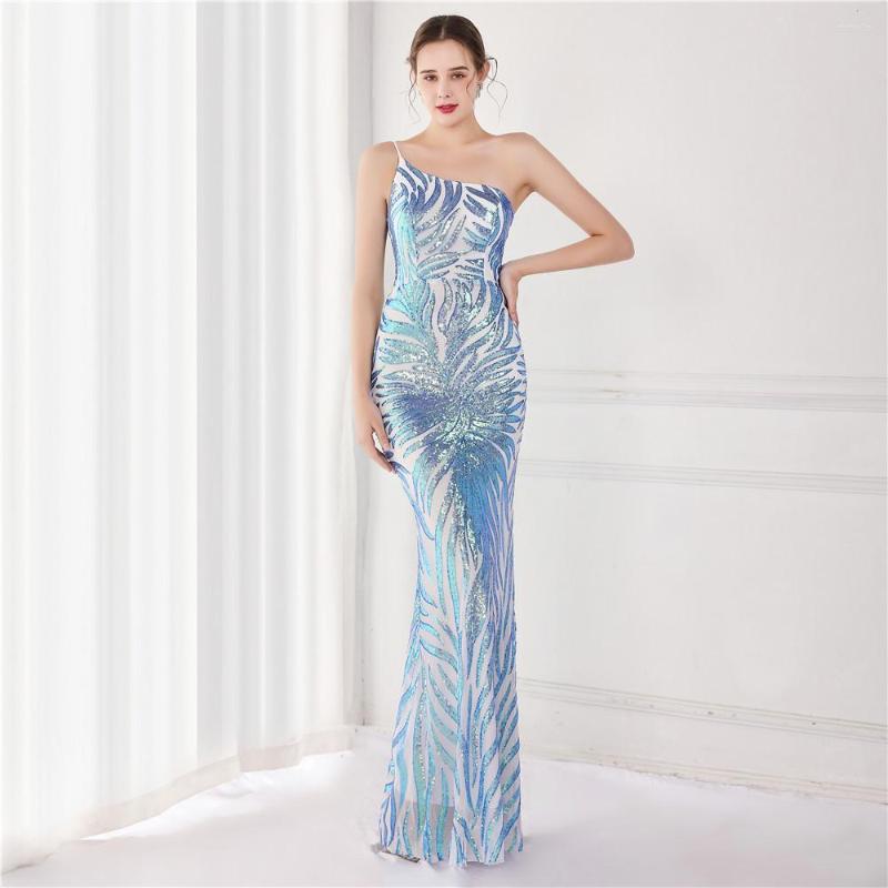 

Party Dresses Glitter Flower Print Luxury Evening For Women 2023 Sexy One Shoulder Spaghetti Strap Long Mermaid Dress Gala Femme, Black