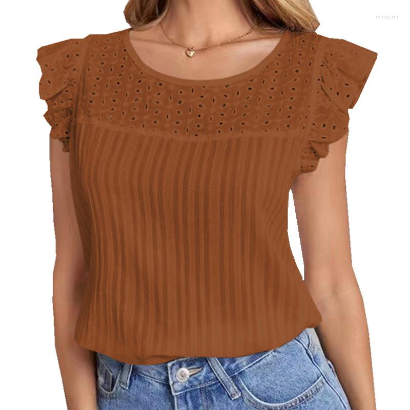 

Women's T Shirts Summer Women's T-shirt Tassel Hollow Solid Design Ruffles Decor O-Neck Casual Loose White Short Sleeve, Picture shown