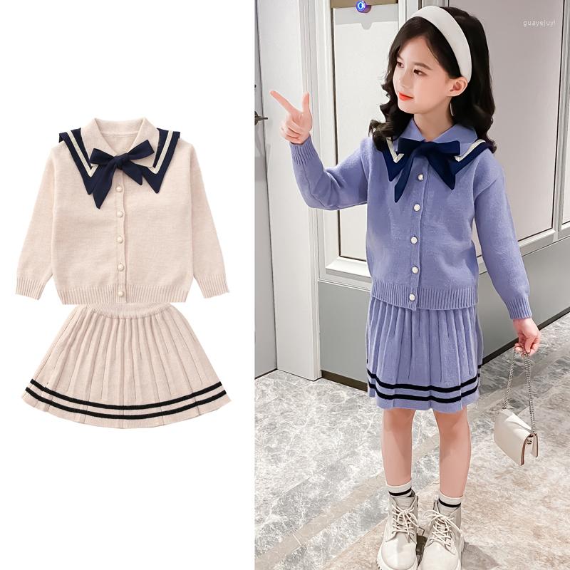 

Clothing Sets 2023 Spring Girls Clothes Set Long Sleeve Sweater Shirt Skirt 2 Pcs Suit Cotton Knitting Outfits For Kids, Beige
