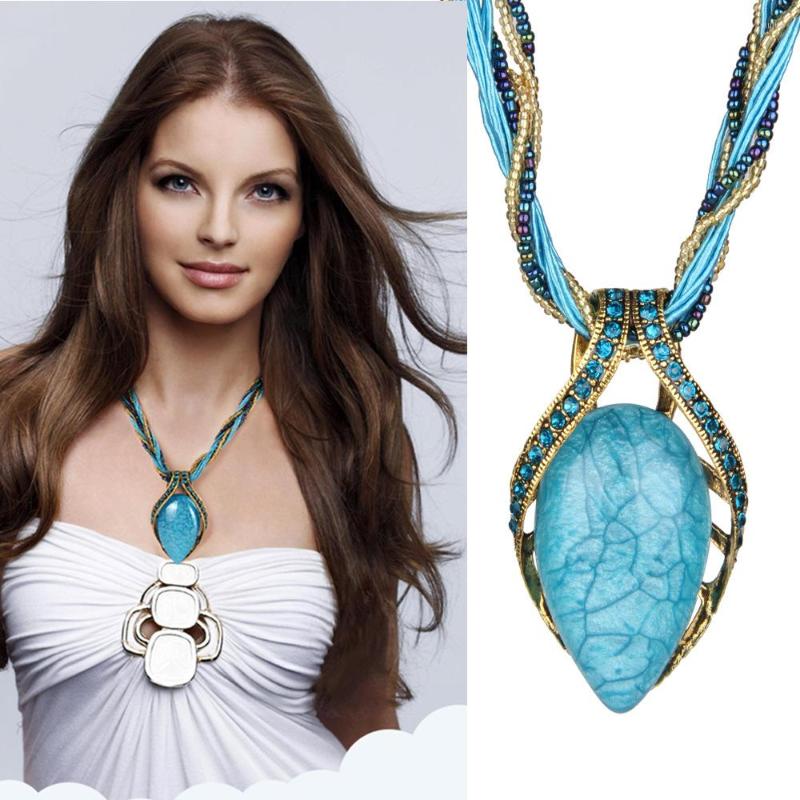 

Pendant Necklaces Boho Waterdrop Crystal Necklace Woven Rice Bead String Sweater Temperament Ladies Fashion