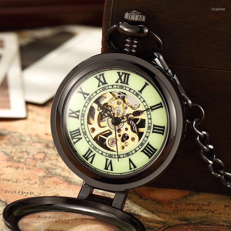

Pocket Watches Unique Retro Transparent Men Watch Black Silver Steel FOB Chain Quartz Luminous Clock