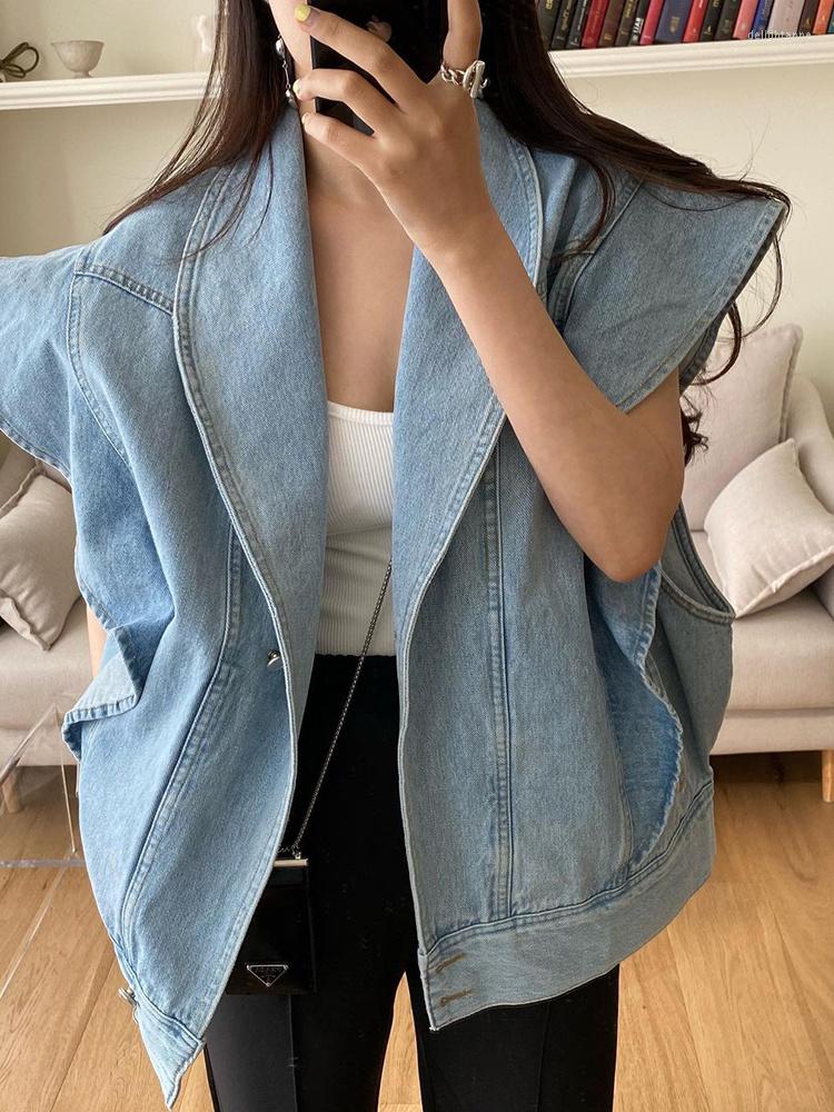 

Women's Vests JMPRS Designed Ruffles Women Denim Vest Vintage Summer Blue Loose Female Jeans Jacket Korean Single Button Coat