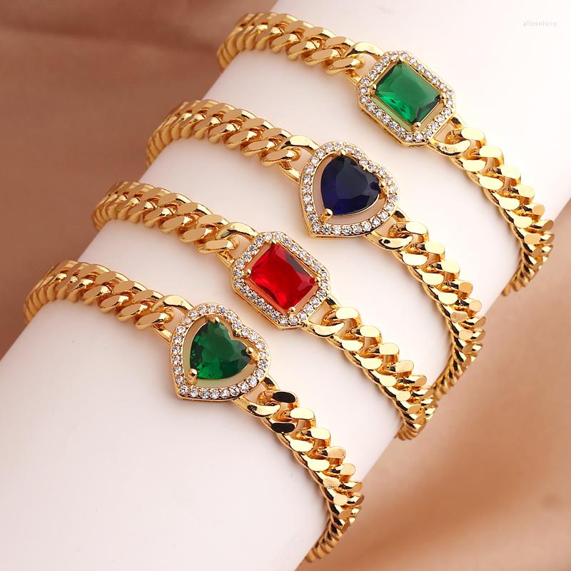 

Charm Bracelets Fashion Chunky Cuban Chain Luxury Jewelry Embedded Green Red Zircon Heart Thick Bangles For Women Men