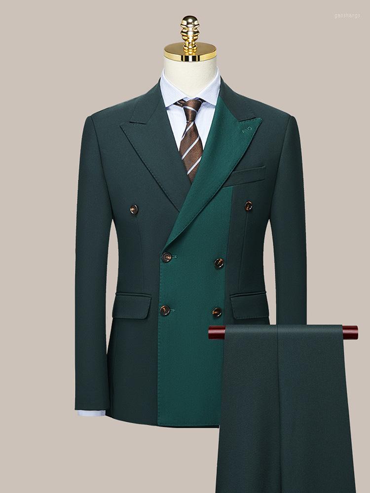 

Men's Suits Mix Color Green Double Breasted Formal Set For Men Blazer Pant Wedding Groom Clothing Leisure Slim Business Man Wear Plus