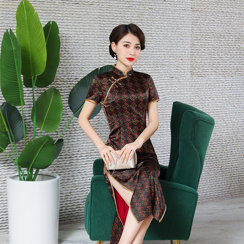 

Ethnic Clothing Qipao Dress Vintage Mulberry Silk Printed Evening Banquet Long Chinese Style Cheongsam Daily Retro Orient Elegant Vesridos