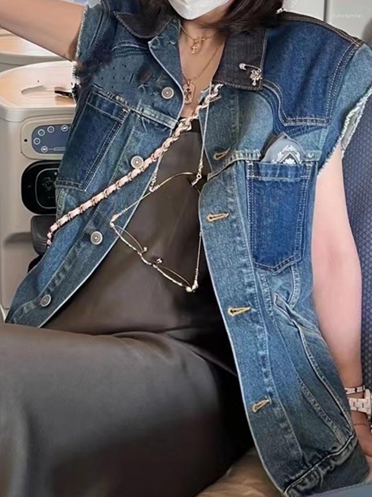

Women's Vests 2023 Early Autumn Cotton Women Turn-Down Collar Single-Breasted Vintage Fashion All-Match Simple Denim Vest Coat