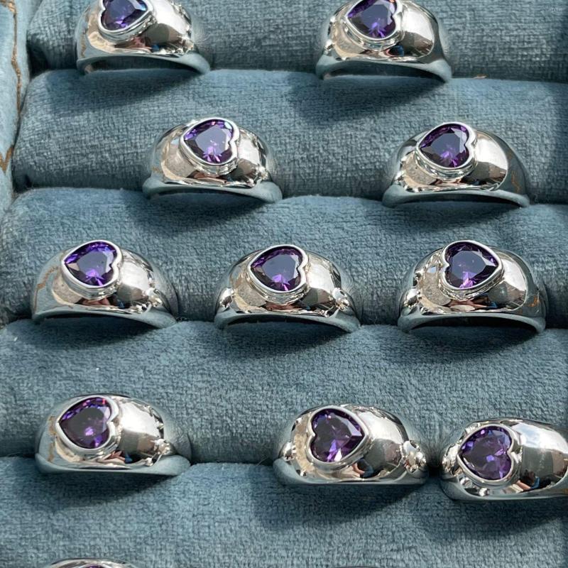 

Wedding Rings Exquisite Silver Color Heart Shape Purple Crystal Metal Ring For Women Girls Y2K Style Stone Party Jewelry Lover's Gifts