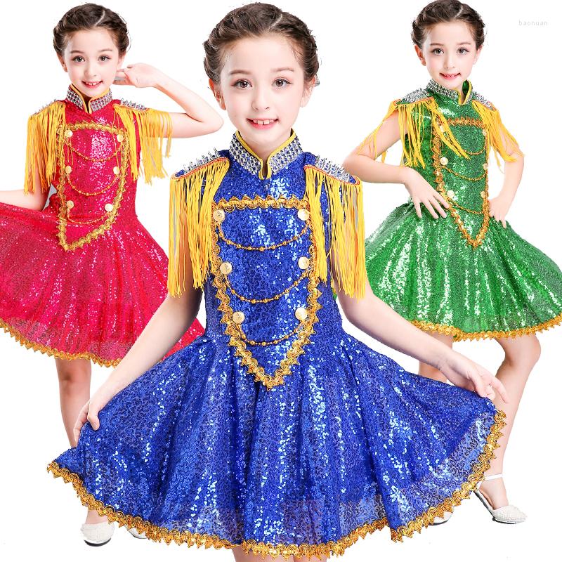 

Stage Wear Sixty-one Girl Jazz Skirt Children's Drum Show Clothes Sequins Modern Dance Tide Dresses, Blue
