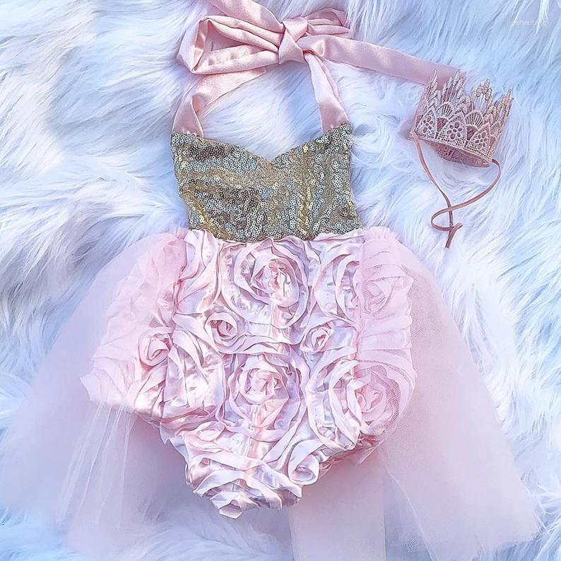 

Girl Dresses Sweet Infant Baby Halter Tie Up Bodysuit Dress Princess Sleeveless Sequins Patchwork Tulle Tutu Jumpsuit Clothes 0-24M, Pink