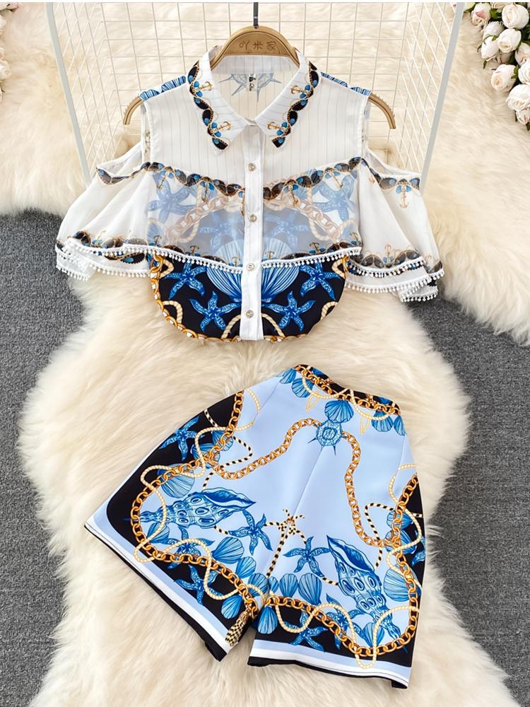 

Women's Tracksuits LY VAREY LIN Summer Women Casual Lapel Single Breasted Off Shoulder Loose Print Shirt Wide Leg High Waist Shorts, Blue