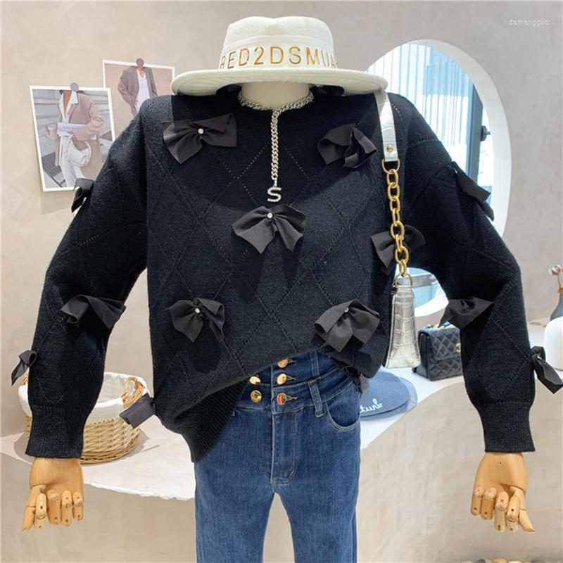 

Women's Sweaters Women's High Quality Designer Women Knitted Pullovers Oversized Loose Winter 3D Bow Diamonds Thick Warm Sweater Femme, Black