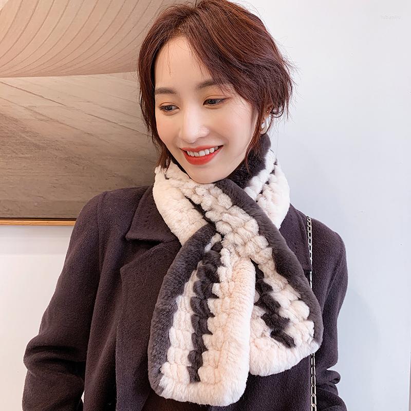 

Scarves Lantafe Fur Scarf Women's Real Rex Stitching Color Stripe Decoration Keep Warm Ladies Weaving Process