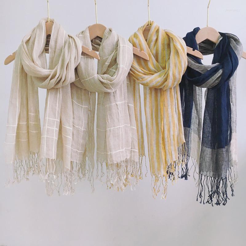 

Scarves Johnature Japanese Vintage Linen Scarf 2023 Four Seasons All Match Tassels Thin Light Sun Protection Women Shawl